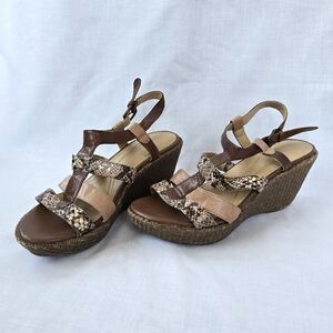 Naturalizer▪️Natalie Brown Snake Print Rattan Wedge Sandals Heels